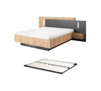 Lit avec chevets 140 x 190 cm - 2 tiroirs - Avec LEDs - Coloris : Naturel et anthracite + Sommier - FRANCOLI