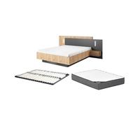 Lit avec chevets 140 x 190 cm - 2 tiroirs - Avec LEDs - Coloris : Naturel et anthracite + Sommier + Matelas Premium - FRANCOLI