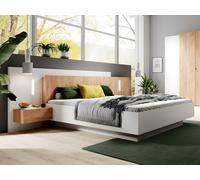 Lit avec chevets 160 x 200 cm - 2 tiroirs - Avec LEDs - Coloris : Blanc et naturel + Sommier - FRANCOLI