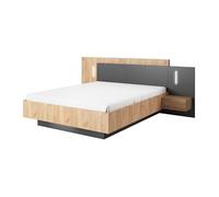 Lit avec chevets 160 x 200 cm - 2 tiroirs - Avec LEDs - Coloris : Naturel et anthracite - FRANCOLI