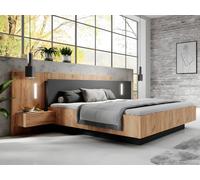 Vente-unique - Lit avec chevets 160 x 200 cm - 2 tiroirs - avec LEDs - Coloris : Naturel et Anthracite + Sommier - FRANCOLI