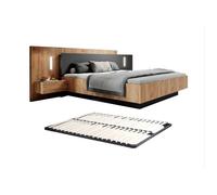 Lit avec chevets 160 x 200 cm - 2 tiroirs - Avec LEDs - Coloris : Naturel et anthracite + Sommier - FRANCOLI