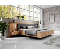 Lit avec chevets 160 x 200 cm - 2 tiroirs - Avec LEDs - Coloris : Naturel et anthracite + Sommier + Matelas Premium - FRANCOLI