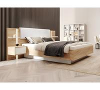 Lit avec chevets 160 x 200 cm - Avec LEDs - Coloris : Naturel et blanc + Sommier + Matelas Premium - ELYNIA