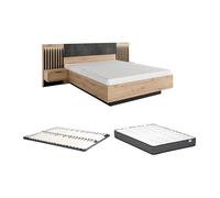 Lit avec chevets 160 x 200 cm - Avec LEDs - Coloris : Naturel et noir + Sommier + Matelas - ARIADA