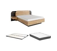 Lit avec chevets 160 x 200 cm - Avec LEDs - Coloris : Naturel et noir + Sommier + Matelas - JUVISIA