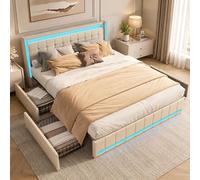 Lit avec coffre de rangement, 140x190 cm, avec éclairage LED, lit rembourré avec 4 tiroirs, lit rembourré avec ports de chargement USB et ports de chargement de type C, table de chevet, lit double, re