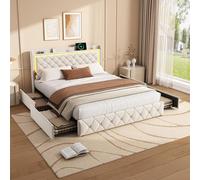 Lit avec coffre de rangement 140x190 cm, lit double avec éclairage LED, 4 tiroirs et sommier à lattes, tête de lit LED avec fonction de charge USB, lit avec coffre de rangement 140x190, lit avec coffr