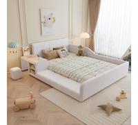 Lit avec coffre de rangement, bureau pour enfant et tabouret, équipé d'une étagère, tête de lit rembourrée, lit pour enfant avec sommier à lattes en bois, revêtement en velours, couleur blanche, dimen