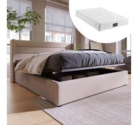 Lit avec coffre de rangement Lit rembourré à système hydraulique, lit double 140 x 200 cm, matelas inclus, sommier à lattes en bois, lit avec sommier à lattes et cadre métallique, linge de lit