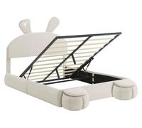 Lit avec coffre intégré et système hydraulique - Oreilles de lapin avec bandes LED réglables - 2 poufs de rangement - Tissu velours - 140 x 200 cm, beige