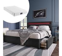 Lit avec éclairage LED et 4 tiroirs, comprenant un matelas. Lit double capitonné 140x200 cm, avec tête de lit réglable en hauteur