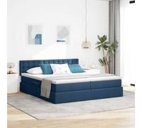 Lit avec lumières LED Bleu 200 x 200 cm Tissu, Cadre métal Noir, Matelas Confortable, Rangement sous lit, Ambiance Cosy pour Chambre Moderne