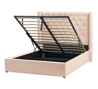 Lit avec Rangement 140 x 200 cm en Velours Beige Tête de Lit Capitonnée Glam Lub