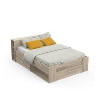 Lit avec Rangement 140x190 Style Contemporain 3 Tiroirs - Coloris Chêne - 150,1 x 217,1 x 74,3 cm