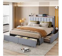Lit avec Rangement 160x200 cm , Lit Double avec Table de Chevet, Ports USB et 4 Tiroirs, Sans Matelas, Lin, Gris Clair