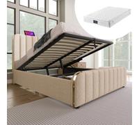 Lit avec rangement 90x200 cm - Bandes dorées - Beige