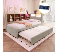 Lit avec rangement 90x200 cm en flanelle gris clair avec lit gigogne 90x190 cm, LED et prises multifonctions - Style moderne