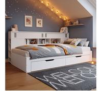 Lit avec rangement blanc 140×200 cm sommier inclus tiroirs + étagères structure solide montage nécessaire