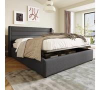 Lit avec rangement capitonné hydraulique double 180x200cm, lattes bois, cadre métallique, lin, gris
