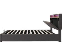 Lit avec rangement - Lit rembourré 160 x 200 cm - Éclairage LED - Sommier à levage hydraulique - Tiroirs - Tête de lit rabattable - Gris foncé