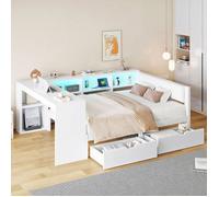 Lit avec Rangements 140x200 cm,Lit Simple avec Tiroirs et Étagères,LED Multicolores et Prise USB,Tête en Lin Douce,Blanc