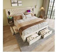 Lit avec Rangements 160x200 cm,Lit Capitonné Adulte avec Tiroirs Intégrés et Tables de Chevet, Tête de Lit LED USB,Velours,Beige