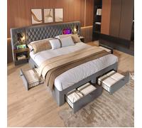Lit avec Rangements 160x200 cm,Lit Capitonné Adulte avec Tiroirs Intégrés et Tables de Chevet, Tête de Lit LED USB, Velours,Gris