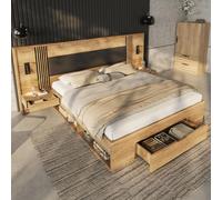 Lit avec rangements, lit en bois, avec lampe de lecture, 2 tables de chevet et tiroirs, idéal pour les adolescents, lit double 180 x 200, finition naturelle