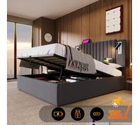 Lit avec sommier tapissé, dimensions 160x200, lit double avec espace de rangement et coffre intégré, éclairage de lecture avec fonction de charge USB, tête de lit avec design clouté, lit avec sommier