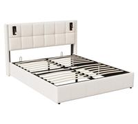 Lit avec tête de lit capitonnée - Lit double - 140 x 200 cm - Rangement intégré - Lampe de lecture - Mécanisme de levage hydraulique - Revêtement en velours - Beige