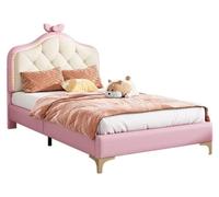 Lit avec tête de lit capitonnée - Lit simple 90 x 200 cm - Revêtement en polyuréthane - Tête de lit à motifs ondulés - Bandes LED - Blanc et rose