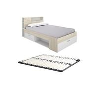 Lit avec tête de lit rangements et tiroir - 120 x 190cm - Coloris : Naturel et blanc + Sommier - LEANDRE