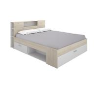 Lit avec tête de lit rangements et tiroir - 180 x 200 cm - Coloris : Naturel et blanc - LEANDRE