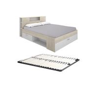 Lit avec tête de lit rangements et tiroir - 180 x 200 cm - Coloris : Naturel et blanc + Sommier - LEANDRE
