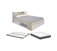 Lit avec tête de lit rangements et tiroir - 180 x 200 cm - Coloris : Naturel et blanc + Sommier + Matelas - LEANDRE