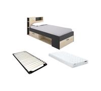 Vente-unique - Lit avec tête de lit rangements et tiroir - 90 x 190 cm - Anthracite et Naturel + Matelas + sommier - Leandre - pour Enfant
