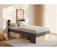 Lit avec tête de lit rangements et tiroir - 90 x 190 cm - Anthracite et naturel + matelas + sommier - LEANDRE