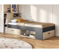 Lit avec tête de lit rangements et tiroir - 90 x 190 cm - Anthracite et naturel + Sommier - LEANDRE