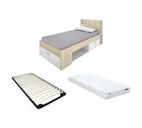 Lit avec tête de lit rangements et tiroir - 90 x 190 cm - Blanc et Naturel + matelas + sommier - LEANDRE