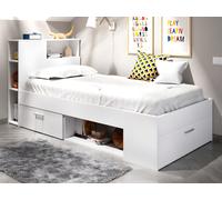 Lit avec tête de lit rangements et tiroir - 90 x 190 cm - Blanc + matelas + sommier - LEANDRE