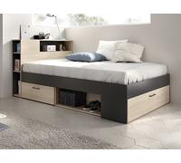Vente-unique - Lit avec tête de lit rangements et tiroirs - 120 x 190cm - Coloris : Naturel et Anthracite - Leandre - pour Enfant