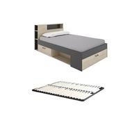 Lit avec tête de lit rangements et tiroirs - 120 x 190cm - Coloris : Naturel et anthracite + Sommier - LEANDRE