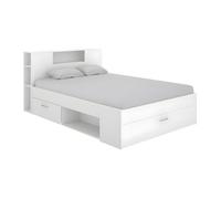Vente-unique – Lit LEANDRE 140 x 190 cm avec tête de lit, rangements et tiroirs – Blanc