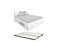 Lit avec tête de lit rangements et tiroirs - 140 x 190 cm - Coloris : Blanc + Sommier - LEANDRE