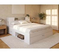 Lit avec tête de lit rangements et tiroirs - 140 x 190 cm - Coloris : Blanc + Sommier + Matelas - LEANDRE