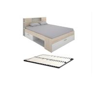 Vente-unique - Lit avec tête de lit rangements et tiroirs - 140 x 190 cm - Coloris : Naturel et Blanc + Sommier - Leandre