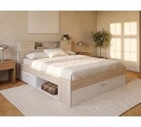 Lit avec tête de lit rangements et tiroirs - 140 x 190 cm - Coloris : Naturel et blanc + Sommier + Matelas - LEANDRE