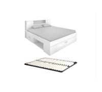 Lit avec tête de lit rangements et tiroirs - 160 x 200 cm - Coloris : Blanc + Sommier - LEANDRE