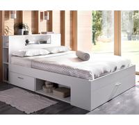 Lit avec tête de lit rangements et tiroirs - 160 x 200 cm - Coloris : Blanc + Sommier + Matelas - LEANDRE